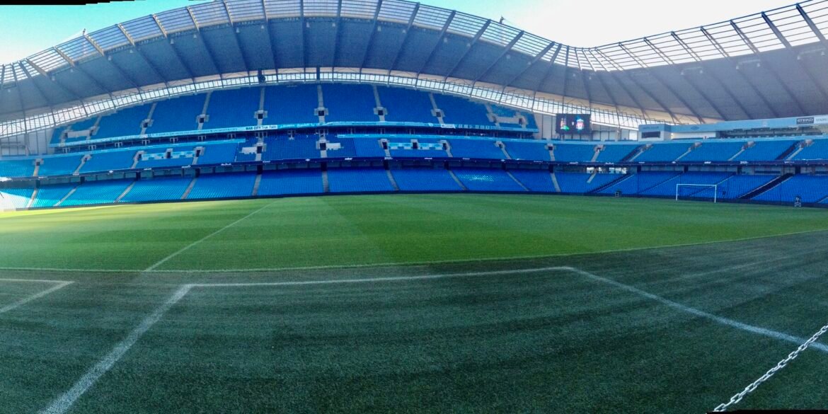 Empty Etihad Stadium stands and pitch in a 2013 archival photograph