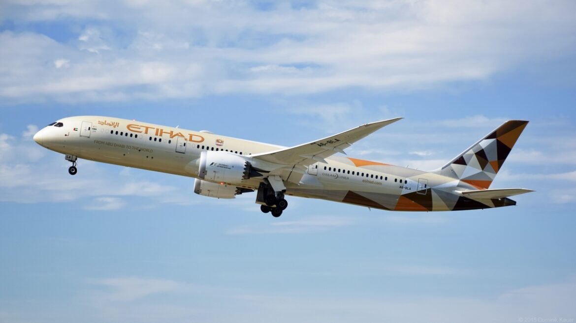 Etihad Airways Boeing 787-9 A6-BLA airborne at Zurich on 12 September 2015. Archival image.