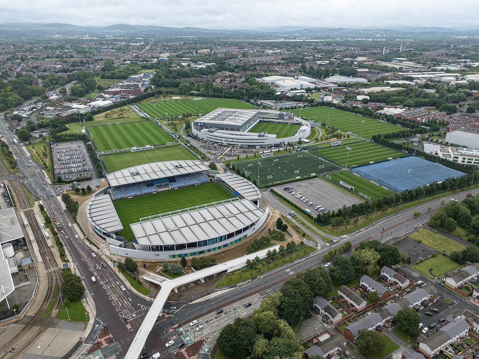 Aerial view of the Etihad Campus with the City Football Academy training pitches