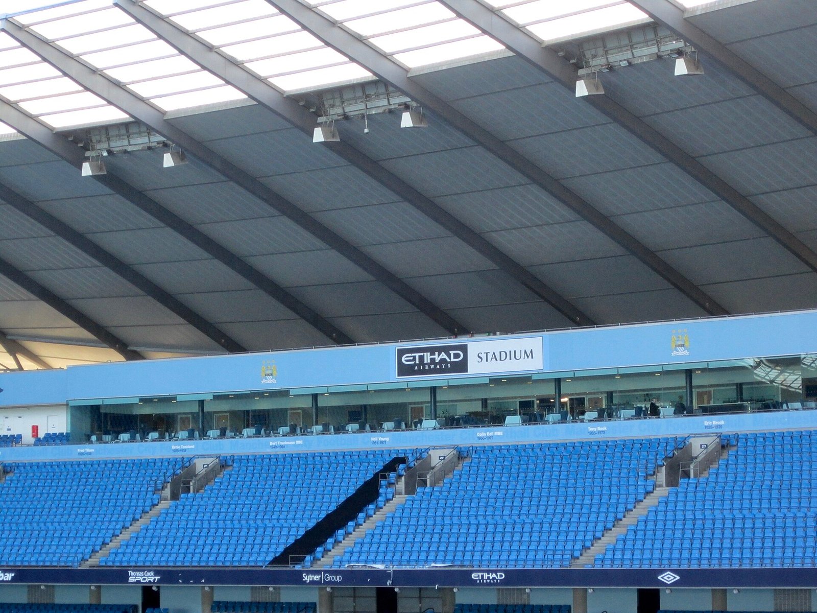 Seating and roof inside the Etihad Stadium