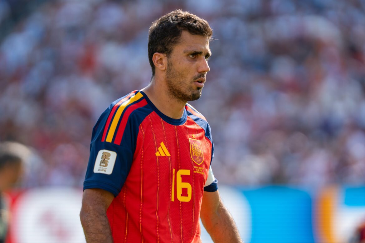 Rodri playing for Spain in the 2026 World Cup final, an archive photo with a Man City appeal report