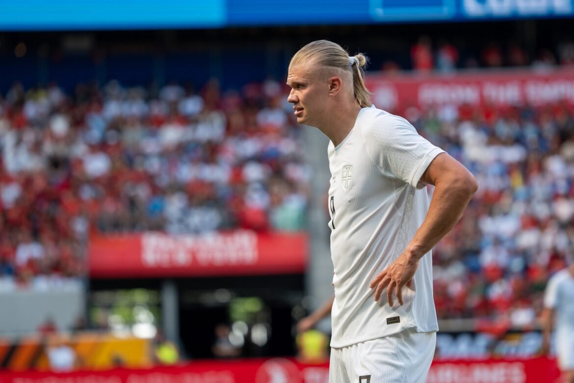 Erling Haaland playing for Norway, an archive photo with a Man City appeal 2027 report